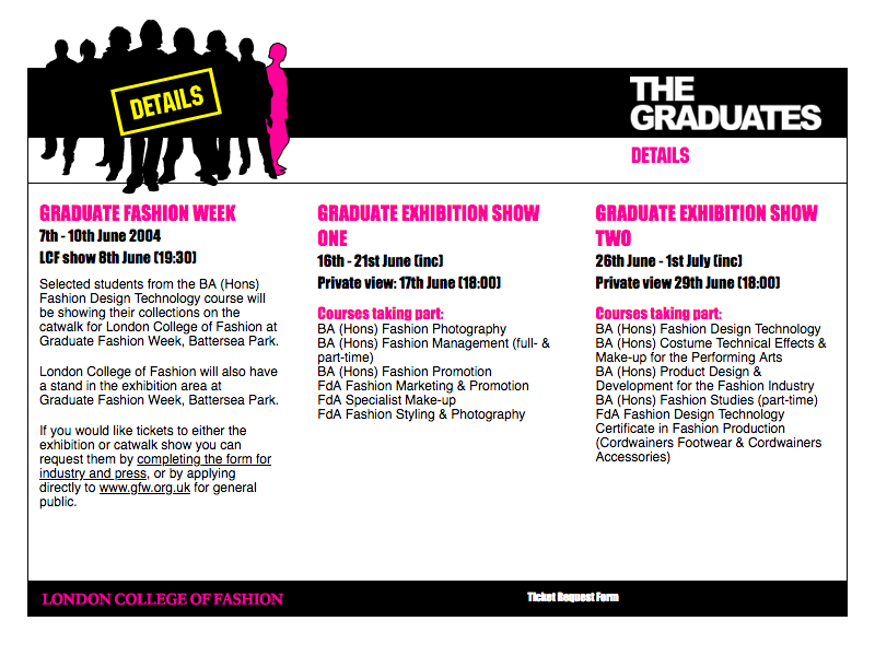 London College of Fashion Graduates 2004 web site info page
