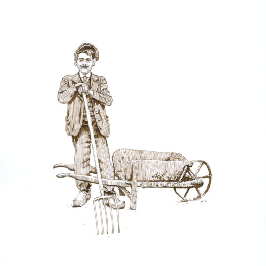 Roger Pierron with fork and wheel-barrow, France 1918